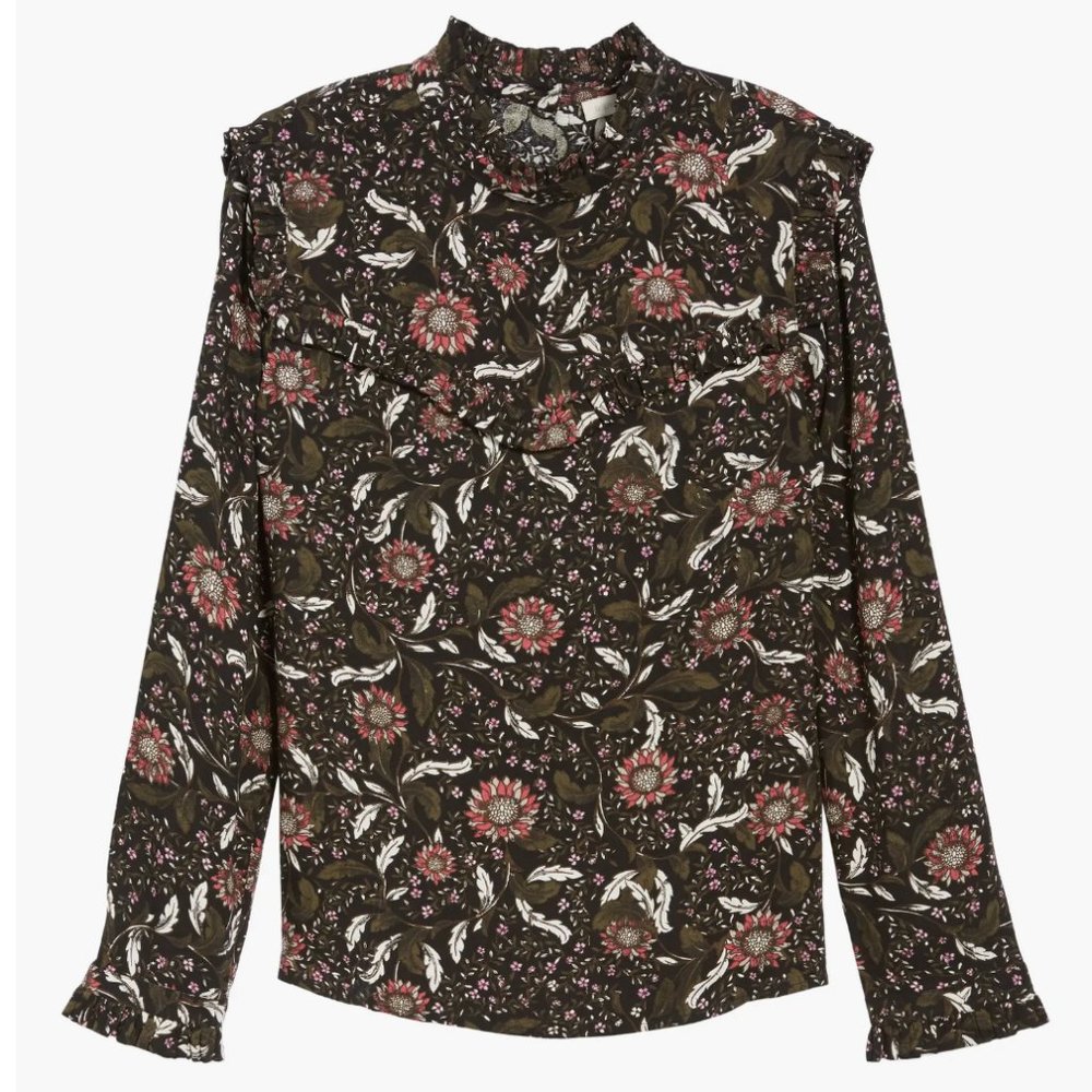 hinge Womens Ruffle Top Floral Blouse Long Sleeve High Neck Black Size Large